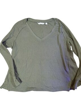 Calvin Klein Jeans Olive Green Waffle V-Neck Long Sleeve Top